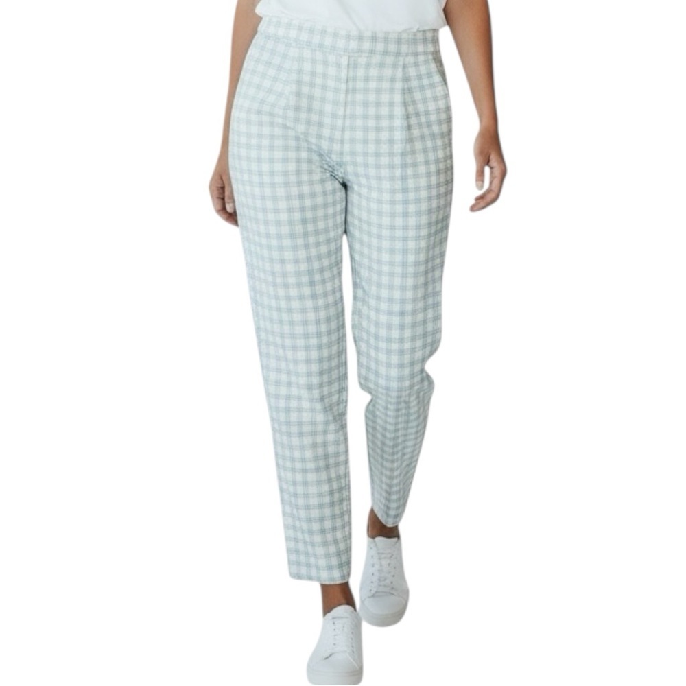 ANN TAYLOR Petite Curvy Fit Plaid Ankle Pants in White w/ Blue Size 8P — NWOT
